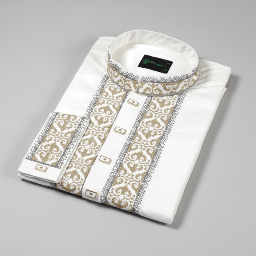 โจ Elegant Off-White Fancy Cotton Panjabi โ Premium Embroidery ๐ -MS026