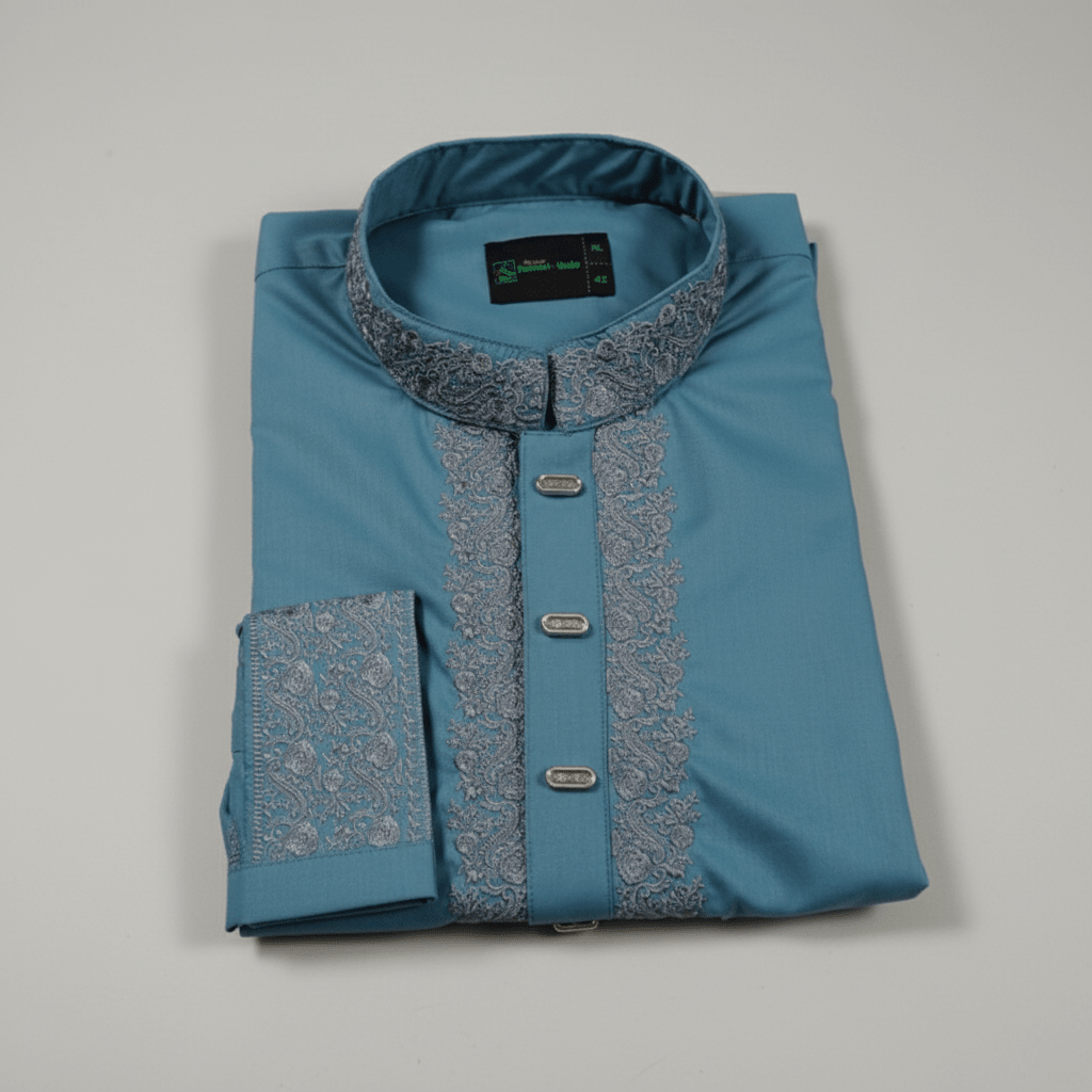 β¨ Elegant Steel Blue Fancy Cotton Panjabi β Premium Embroidery π -MS022