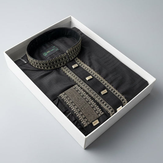 Charcoal Black Premium Bamboo Cotton Panjabi – Onyx Noir -MS001