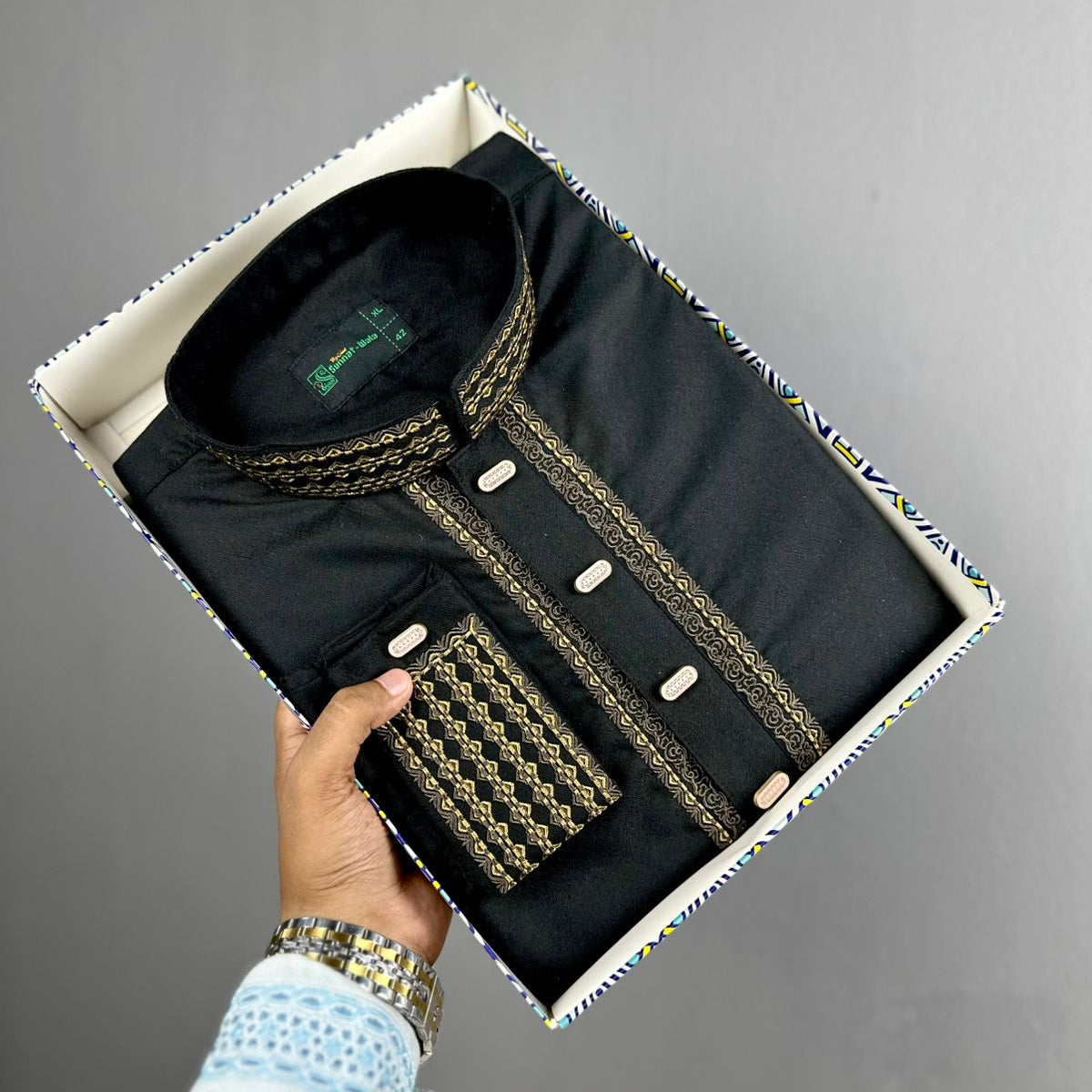 Classic Black Fancy Cotton Panjabi – Golden Embroidery Edition 👑
