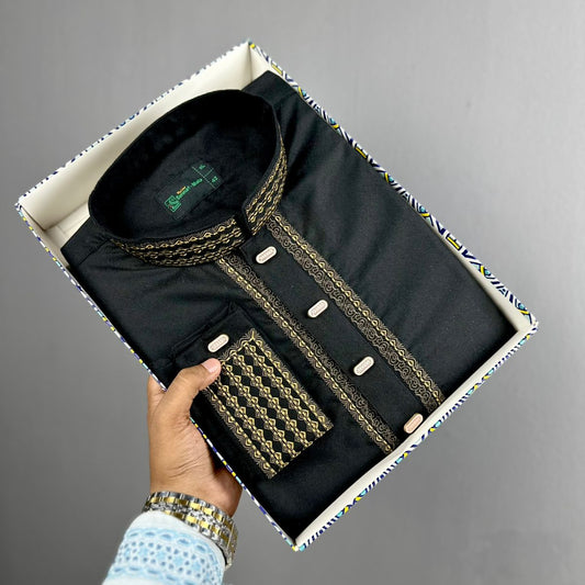 Classic Black Fancy Cotton Panjabi – Golden Embroidery Edition 👑