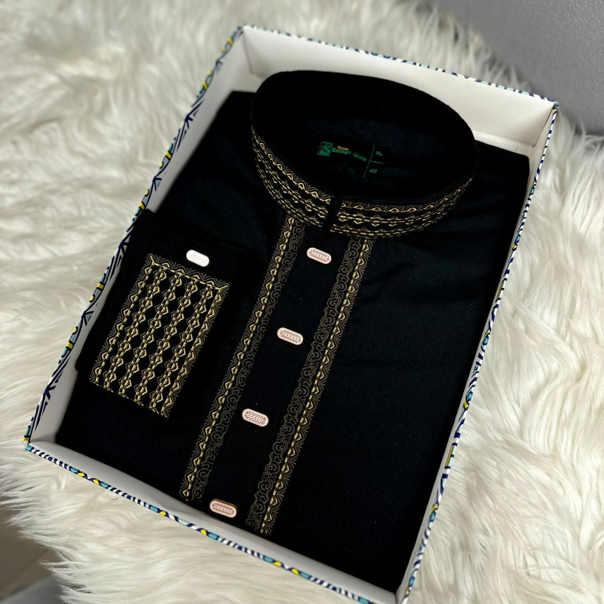 Classic Black Fancy Cotton Panjabi – Golden Embroidery Edition 👑