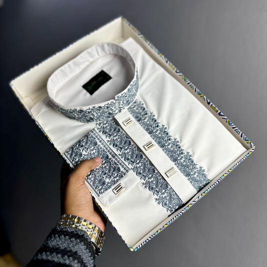 ✨ Elegant White Fancy Cotton Panjabi – Premium Embroidery 👑 -MS021
