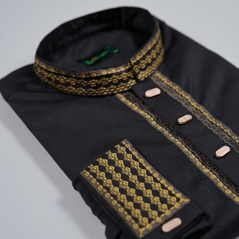 Classic Black Fancy Cotton Panjabi – Golden Embroidery Edition 👑