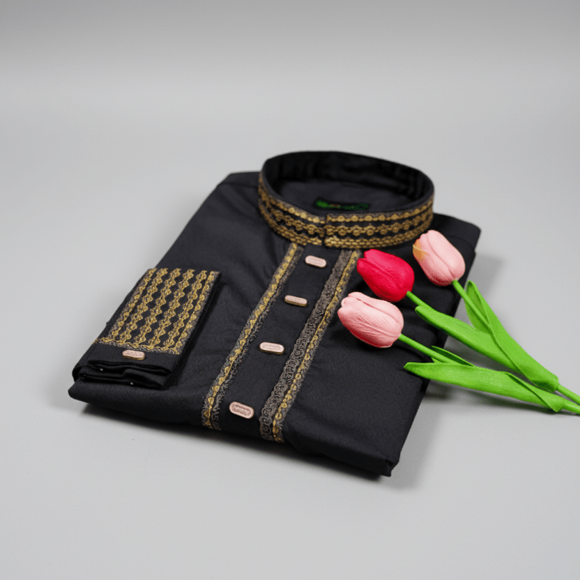 Classic Black Fancy Cotton Panjabi – Golden Embroidery Edition 👑