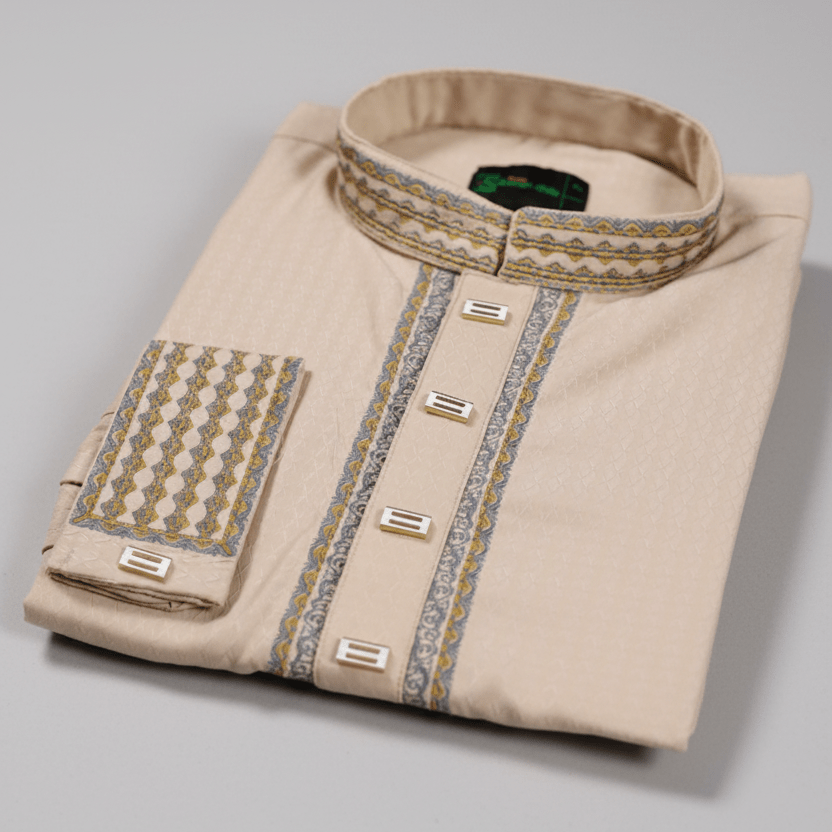 ✨ Elegant Cream Fancy Cotton Panjabi – Premium Embroidery 👑 -MS023
