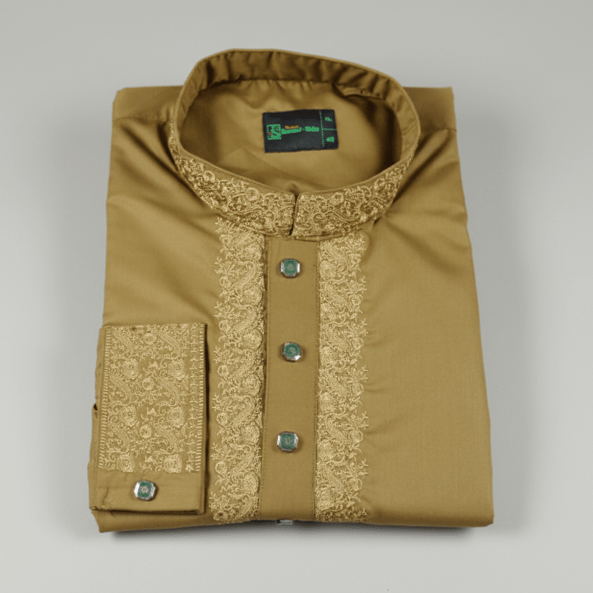 ✨ Elegant Golden Mustard Fancy Cotton Panjabi – Premium Embroidery 👑 -MS025
