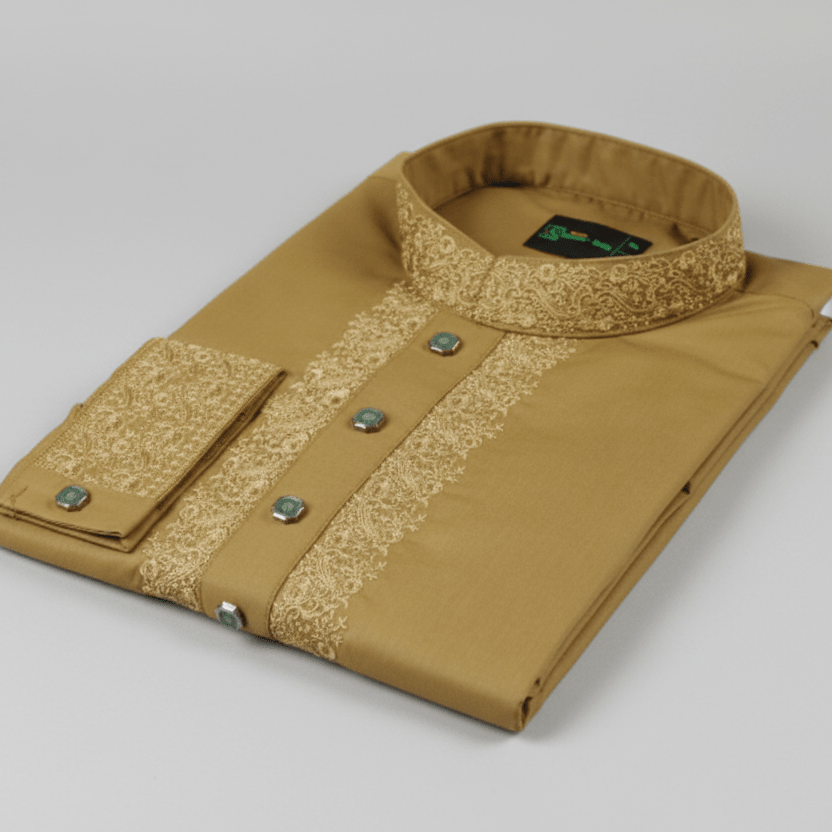 ✨ Elegant Golden Mustard Fancy Cotton Panjabi – Premium Embroidery 👑 -MS025