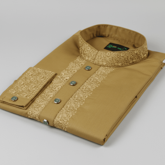 ✨ Elegant Golden Mustard Fancy Cotton Panjabi – Premium Embroidery 👑 -MS025