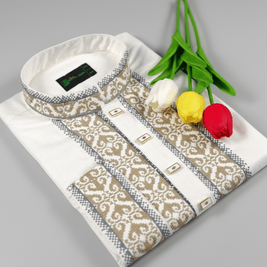 ✨ Elegant Off-White Fancy Cotton Panjabi – Premium Embroidery 👑 -MS026
