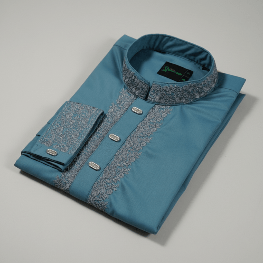 ✨ Elegant Steel Blue Fancy Cotton Panjabi – Premium Embroidery 👑 -MS022