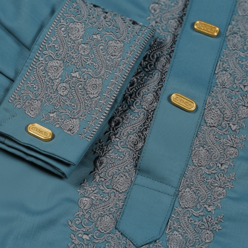 ✨ Elegant Steel Blue Fancy Cotton Panjabi – Premium Embroidery 👑 -MS022